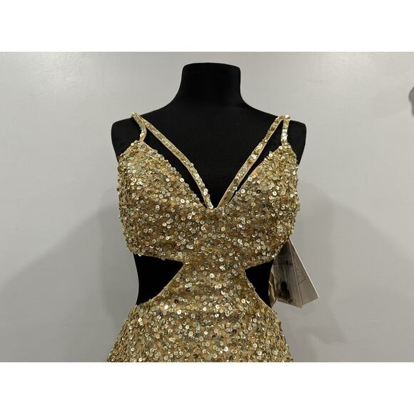 Mac Duggal 6077 Thin Strap Cut out Gown with Ombre Sequins Gold Sz 4 NEW - Picture 3 of 9